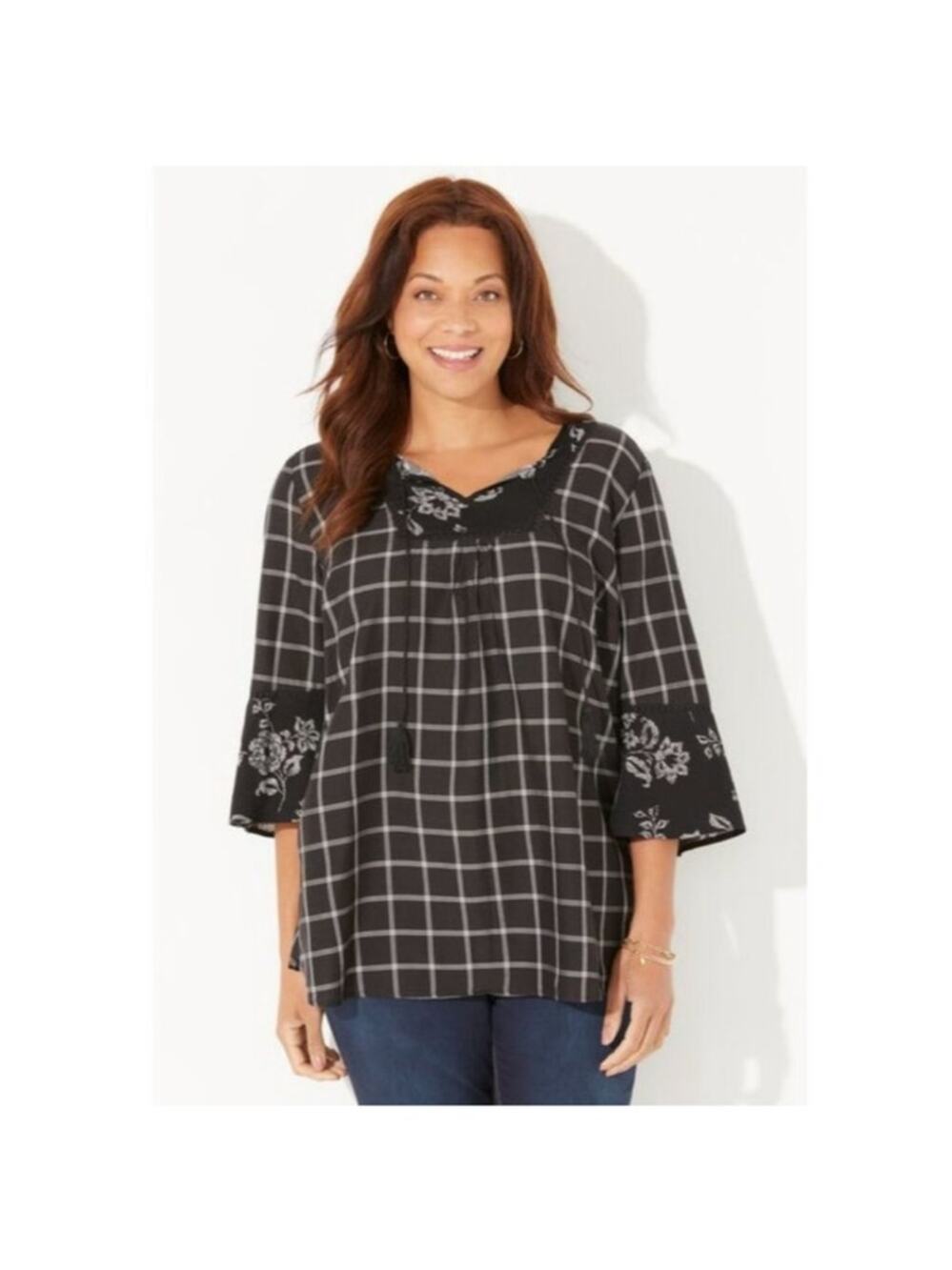Catherines Blouse Size 2XWP (22/24WP) NWT Georgette B&W Plaid Floral Bell Sleeve